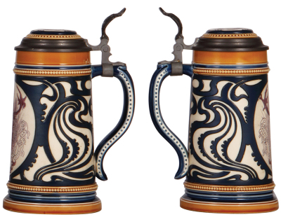 Two Mettlach steins, .4L, 1909, PUG, Bartholomay's Rochester N.Y., inlaid lid, interior browning, otherwise mint; with, .5L, 2936, etched, B.P.O.E., inlaid lid, mint. - 3