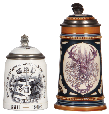 Two Mettlach steins, .5L, 1526, PUG, Braumeister Verein von New York 1881 - 1906, inlaid lid has hairline, body mint; with, .5L, 2936, Elks Stein, inlaid lid, mint