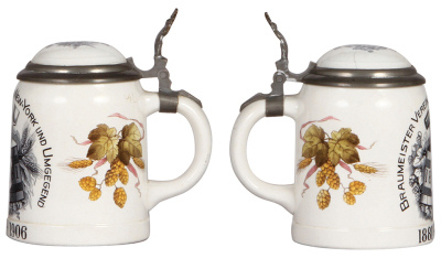 Two Mettlach steins, .5L, 1526, PUG, Braumeister Verein von New York 1881 - 1906, inlaid lid has hairline, body mint; with, .5L, 2936, Elks Stein, inlaid lid, mint - 2