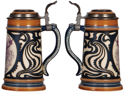 Two Mettlach steins, .5L, 1526, PUG, Braumeister Verein von New York 1881 - 1906, inlaid lid has hairline, body mint; with, .5L, 2936, Elks Stein, inlaid lid, mint - 3