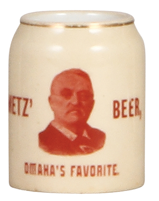 Pottery mug & match strike, 2.2" ht., Metz Beer, Omaha's Favorite, mint.