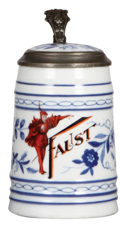 Porcelain stein, .5L, transfer & hand-painted, Faust, porcelain inlaid lid: photograph of Tony Faust on underside, lithophane, center hinge ring missing - functions perfectly, otherwise mint.