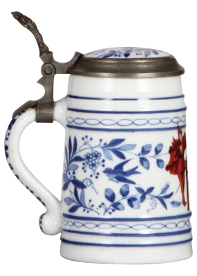 Porcelain stein, .5L, transfer & hand-painted, Faust, porcelain inlaid lid: photograph of Tony Faust on underside, lithophane, center hinge ring missing - functions perfectly, otherwise mint. - 3