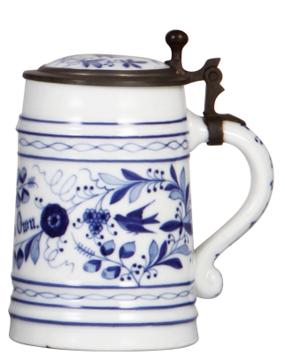 Porcelain stein, .5L, transfer & hand-painted, Faust's Own, porcelain inlaid lid: photograph of Tony Faust, faint lithophane line, otherwise mint. - 2