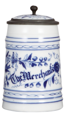 Porcelain stein, .5L, hand-painted, The Merchants, inlaid lid, photograph of E.A. Koerner on underside of inlay, mint.