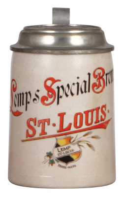 Stoneware stein, .5L, transfer & hand-painted, Lemps Special Brew, St. Louis, pewter lid: Lemp, St. Louis, pewter marked Pauson München, mint.