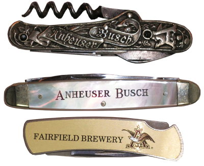 Three Anheuser Busch pocket knives, sizes 2.6" to 3.4", two are vintage, one from 1991, stanhope with Adolphus Busch, good used condition.
