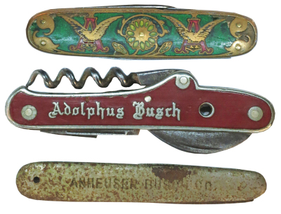 Three Anheuser Busch pocket knives, sizes 2.3" to 3.3", all three are vintage, green enamel has chipping & wear, F.A. Heim 1912 is rusted & worn, red enamel is worn & missing stanhope. - 2