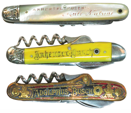 Three Anheuser Busch pocket knives, sizes 2.3" to 2.4", red enamel has chipping & wear, three stanhopes Adolphus Busch, Malt Nutrine has worn stanhope, yellow has worn stanhope & break.