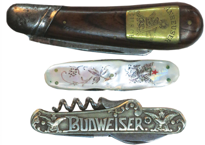 Three Anheuser Busch pocket knives, sizes 2.4" to 4.0", stanhope Adolphus Busch, all in good condition.