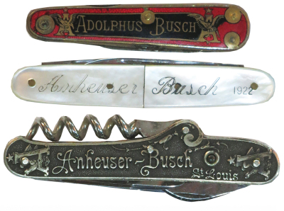 Three Anheuser Busch pocket knives, sizes 2.6" to 3.3", all vintage, two stanhopes Adolphus Busch, red enameled a little rust, all in good condition.