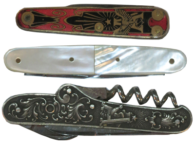 Three Anheuser Busch pocket knives, sizes 2.6" to 3.3", all vintage, two stanhopes Adolphus Busch, red enameled a little rust, all in good condition. - 2