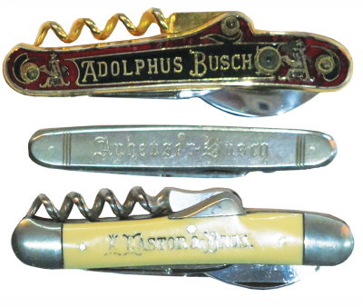 Three pocket knives, two Anheuser Busch, A. Lastor & Bros., sizes 2.4" to 3.7", all vintage, one stanhope of Adolphus Busch, all in good condition.