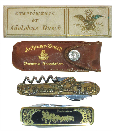 Two Anheuser Busch pocket knives, sizes 2.4" to 3.3", one vintage, one new, stanhope Adolphus Busch, also original box, leather sheath stitching is loose, all in good condition.