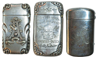 Three Anheuser Busch match safes, sizes 1.5" x 2.7", two engraved, one relief, marked sterling, good used condition. - 2