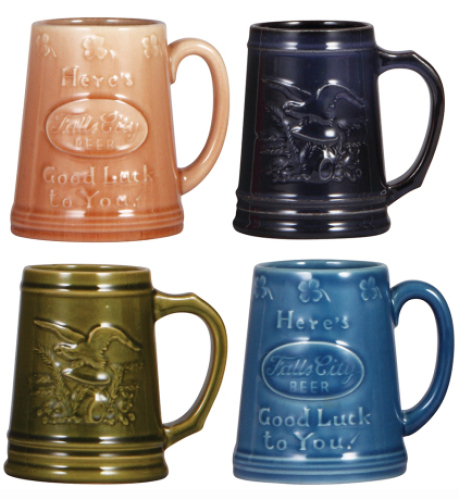 Four pottery mugs, .5L, 5.0" ht., Rookwood Pottery Commercial Ware, Starkville, Miss., all with Rookwood marks & dates, body shape 7301, two for Wiedemann Brewing Co., Newport,&nbsp;KY, 1948 & 1966, two for Falls City Beer, Louisville, KY, both 1948, all mint.
