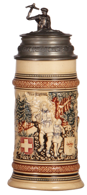 Pottery stein, .5L, relief, marked 1255, William Tell, relief, pewter lid: Winkelried, mint.