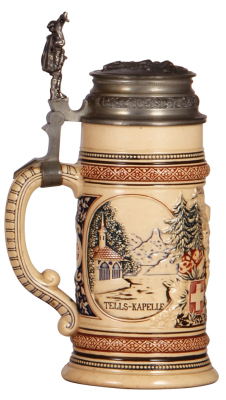 Pottery stein, .5L, relief, marked 1255, William Tell, relief, pewter lid: Winkelried, mint. - 3