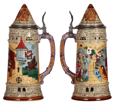 Pottery stein, .5L, etched, marked J.W. Remy, 954, inlaid lid, pewter tear repaired, otherwise mint. - 2