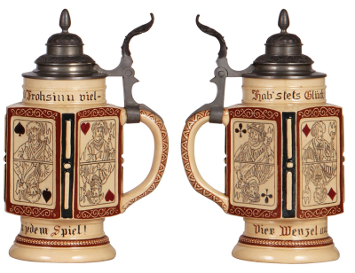 Two pottery steins, .5L, etched, cards, pewter lid, mint; with, ,5L, relief, Dümler & Breiden, 215, cards, pewter lid, mint. - 2