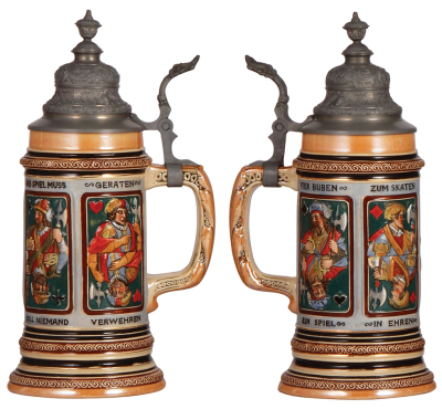 Two pottery steins, .5L, etched, cards, pewter lid, mint; with, ,5L, relief, Dümler & Breiden, 215, cards, pewter lid, mint. - 3