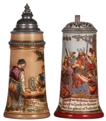 Two pottery steins, .5L, etched, marked M. & W. Gr., 3001, pewter lid, mint; with, .5L, by Dümler & Breiden, 721, inlaid lid, hairline on base and side of body.