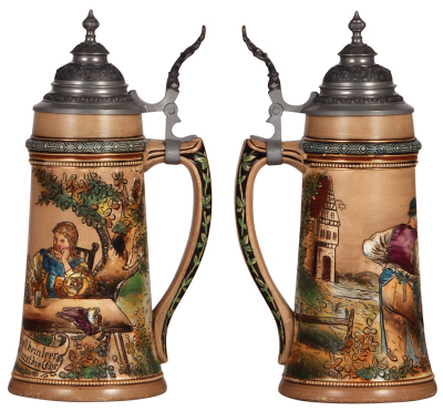 Two pottery steins, .5L, etched, marked M. & W. Gr., 3001, pewter lid, mint; with, .5L, by Dümler & Breiden, 721, inlaid lid, hairline on base and side of body. - 2