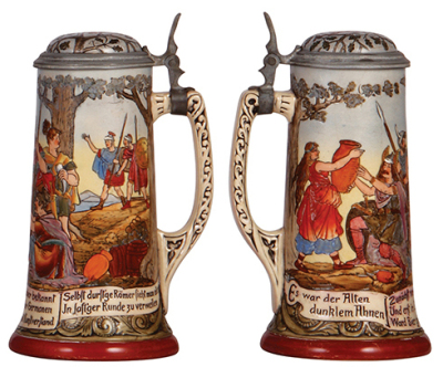 Two pottery steins, .5L, etched, marked M. & W. Gr., 3001, pewter lid, mint; with, .5L, by Dümler & Breiden, 721, inlaid lid, hairline on base and side of body. - 3