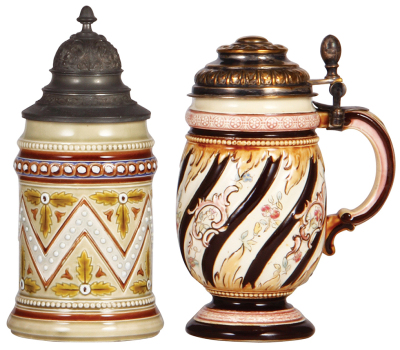 Two pottery steins, .5L, etched & relief, glazed, 432, mosaic, pewter lid, small glaze flakes; with, .5L, relief, by Ditmar, metal lid, 2" hairline.