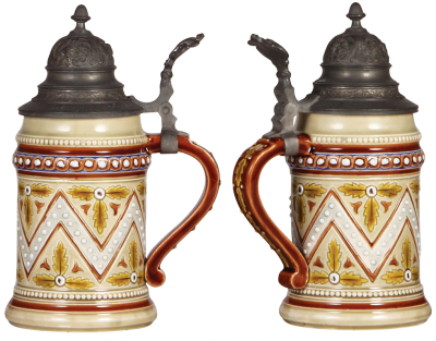 Two pottery steins, .5L, etched & relief, glazed, 432, mosaic, pewter lid, small glaze flakes; with, .5L, relief, by Ditmar, metal lid, 2" hairline. - 2