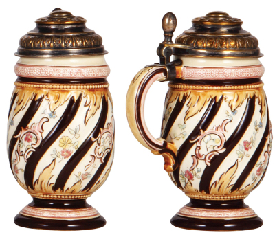 Two pottery steins, .5L, etched & relief, glazed, 432, mosaic, pewter lid, small glaze flakes; with, .5L, relief, by Ditmar, metal lid, 2" hairline. - 3