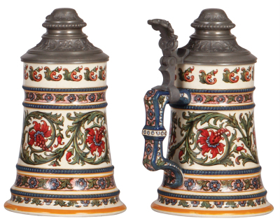 Two steins, stoneware, .5L, etched, possibly Sarreguemines, 495, hand-painted, glazed, porcelain inlaid lid, mint; with, .5L, pottery, transfer print, pewter lid, mint. - 4