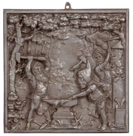 Metal plaque, 7.5" x 7.5", cast relief, 1900s, gnomes working as blacksmiths, good condition.