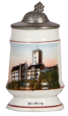 Porcelain stein, 4.5'' ht., transfer, Wartburg, pewter lid, mint.