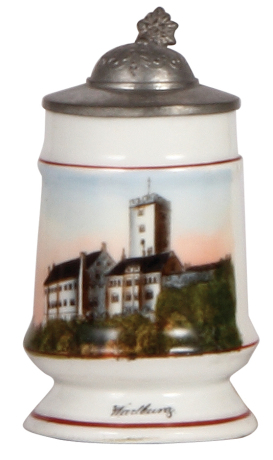 Porcelain stein, 4.5'' ht., transfer, Wartburg, pewter lid, mint.