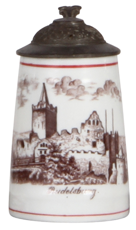 Porcelain stein, 4.0'' ht., transfer, Rudelsburg, pewter lid, mint.