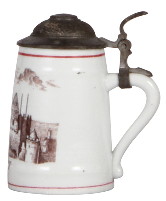 Porcelain stein, 4.0'' ht., transfer, Rudelsburg, pewter lid, mint. - 2