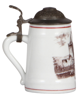 Porcelain stein, 4.0'' ht., transfer, Rudelsburg, pewter lid, mint. - 3