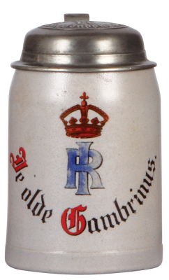 Stoneware stein, .5L, transfer & hand-painted, Ye Olde Gambrinus, relief pewter lid: Ye Olde Gambrinus, London, a little color wear.