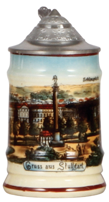 Pottery stein, 4.2'' ht., transfer, Schlossplatz Stuttgart, pewter lid, mint.