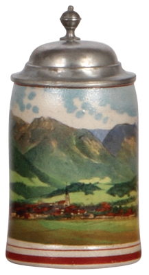 Stoneware stein, 4.3'' ht., transfer, Obersfdorf, pewter lid, mint.