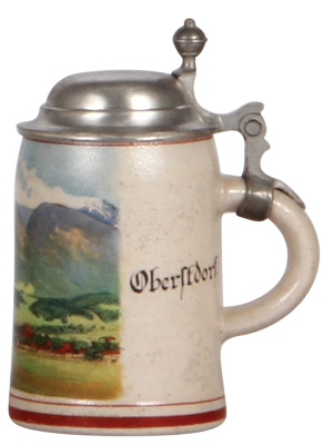 Stoneware stein, 4.3'' ht., transfer, Obersfdorf, pewter lid, mint. - 2