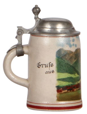 Stoneware stein, 4.3'' ht., transfer, Obersfdorf, pewter lid, mint. - 3