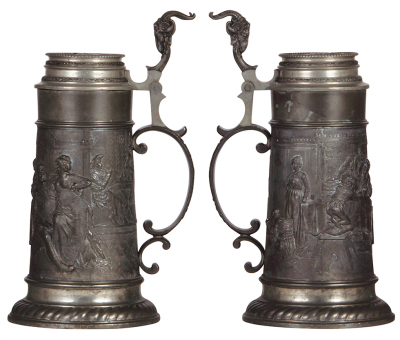 Three pewter steins, .5L & 1.0L, relief scenes, monks & gnomes drinking, tavern scene, tavern scene, normal wear, good condition.     - 3