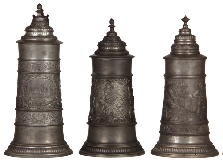 Three pewter steins, 1.0L, relief scenes, Munich scene, target scene, tavern scene, normal wear, good condition.      