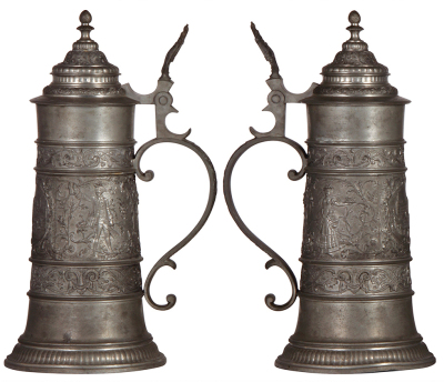 Three pewter steins, 1.0L, relief scenes, Munich scene, target scene, tavern scene, normal wear, good condition.       - 2