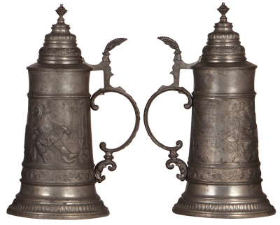 Three pewter steins, 1.0L, relief scenes, Munich scene, target scene, tavern scene, normal wear, good condition.       - 4