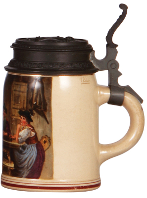 Pottery stein, .5L, transfer & hand-painted, marked Pauson München, Münchener Kneipe scene, pewter lid, mint. - 2