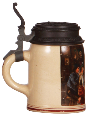 Pottery stein, .5L, transfer & hand-painted, marked Pauson München, Münchener Kneipe scene, pewter lid, mint. - 3