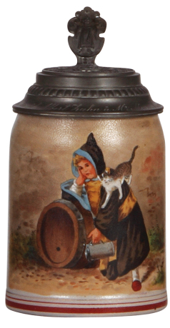 Stoneware stein, .5L, transfer & hand-painted, marked Pauson München, Münchener Kindl, pewter lid, mint.